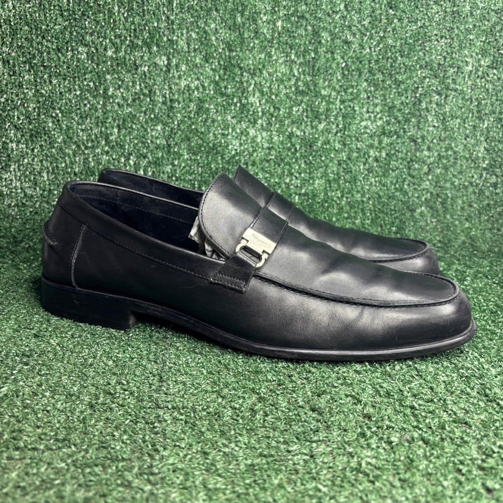 Salvatore Ferragamo Studio Gancini Buckle Leather Loafers Black Mens Size 12 D
